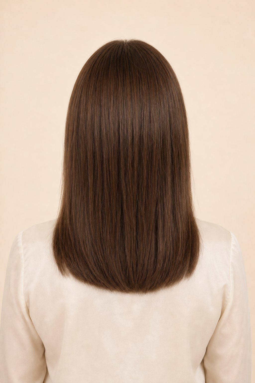 Hair Labs medium brown hair topper with bangs, back view