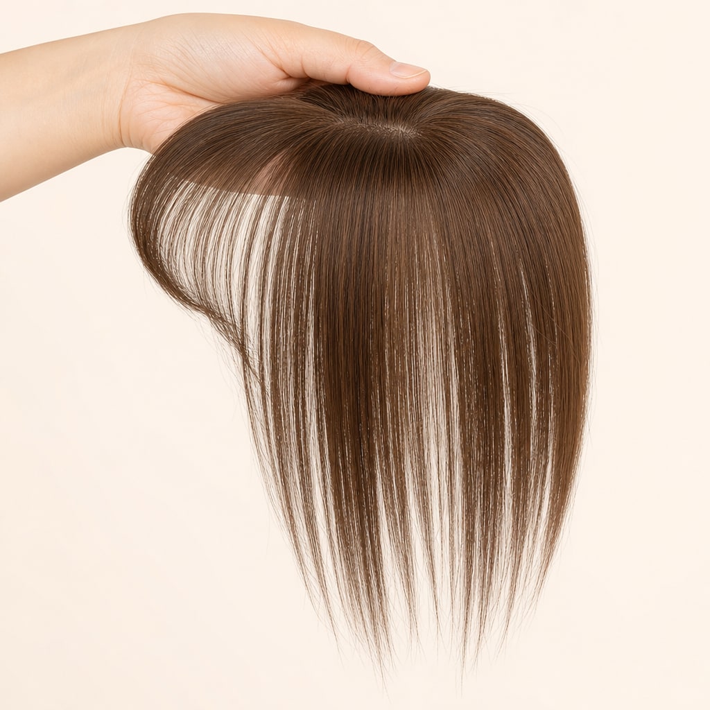 Hair Labs medium brown hair topper with bangs, the clip-in topper held in the hand, small base with bangs
