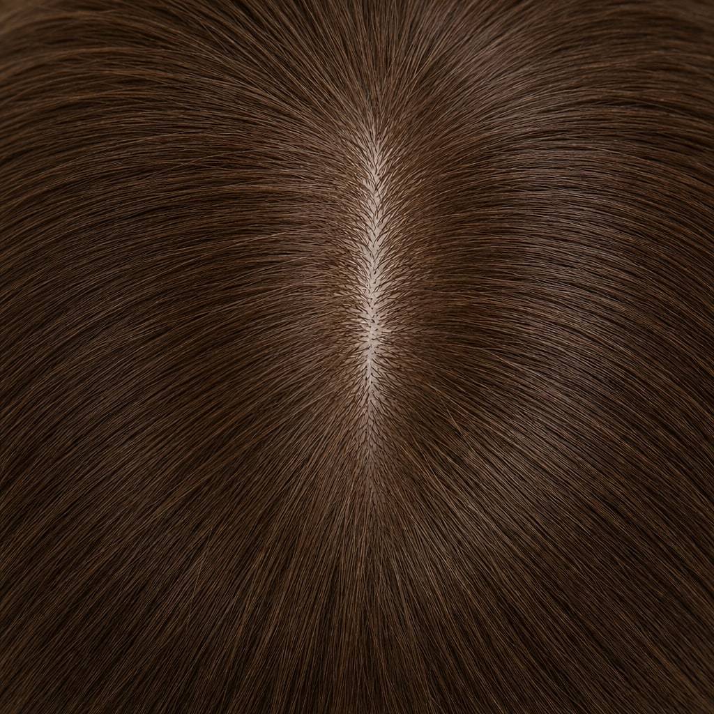 Hair Labs medium brown hair topper with bangs, parting and crown close-up