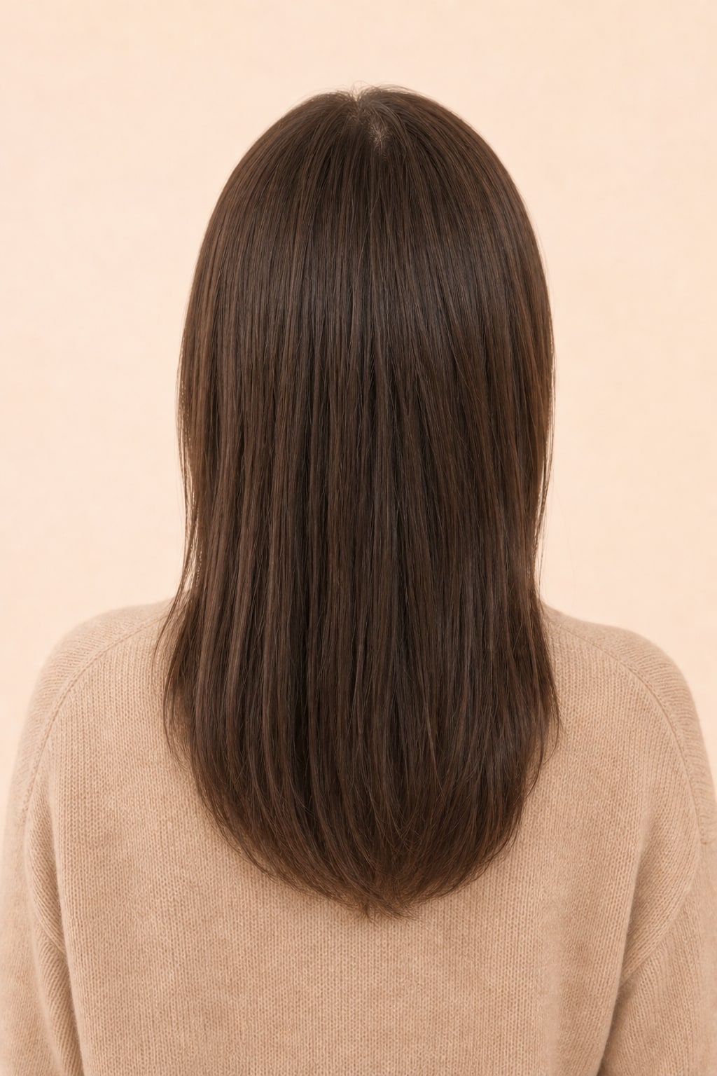 Hair Labs dark brown hair topper with bangs, back view