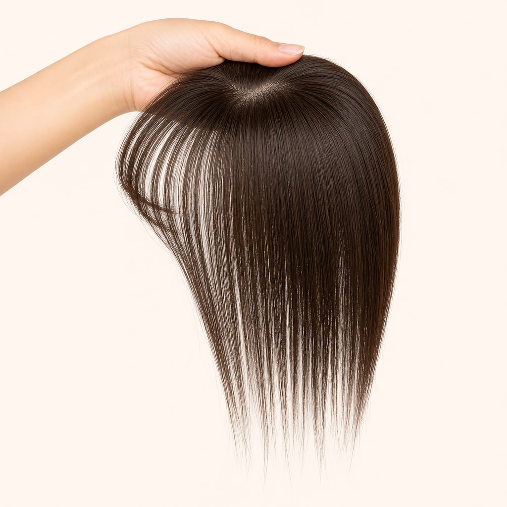 Hair Labs dark brown hair topper with bangs, the clip-in topper held in the hand, small base with bangs