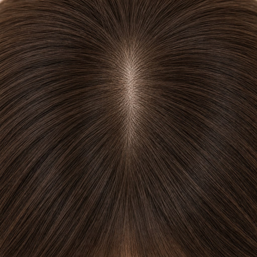 Hair Labs dark brown hair topper with bangs, parting and crown close-up