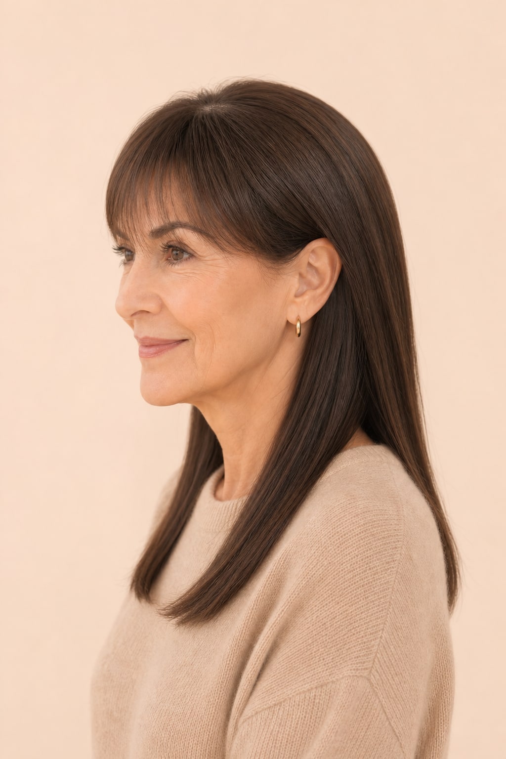 Hair Labs dark brown hair topper with bangs, side profile