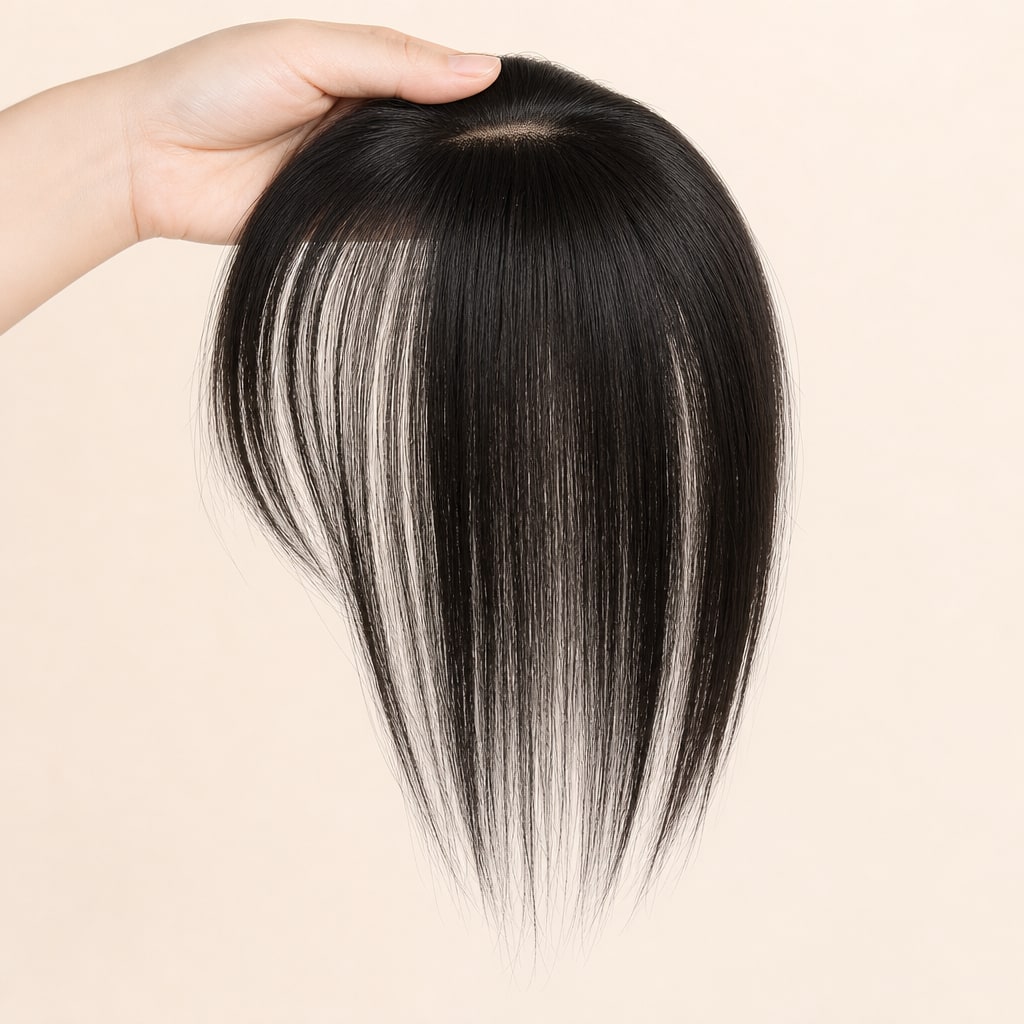 Hair Labs natural black hair topper with bangs, the clip-in topper held in the hand, small base with bangs