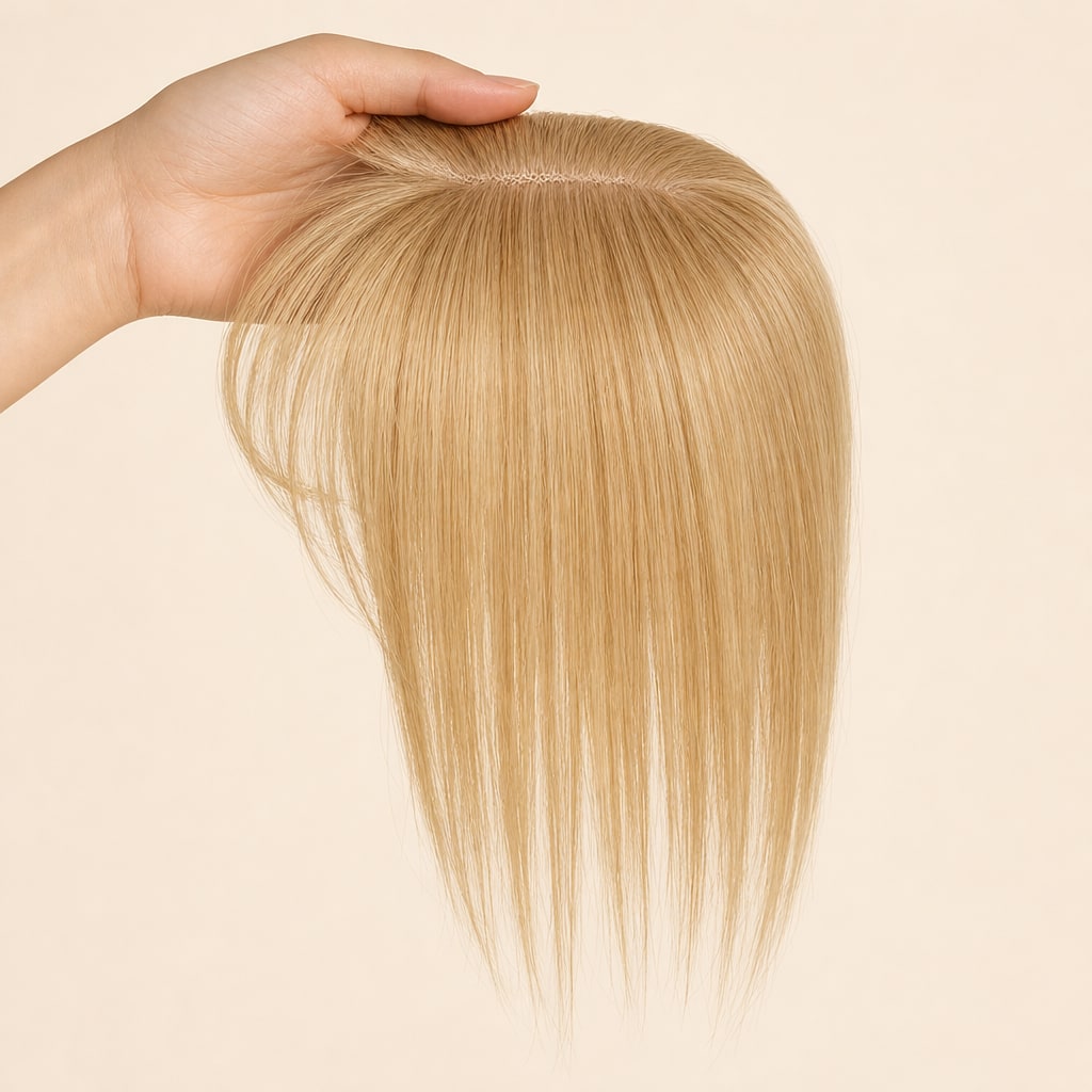 Hair Labs honey blonde hair topper with bangs, the clip-in topper held in the hand, small base with bangs