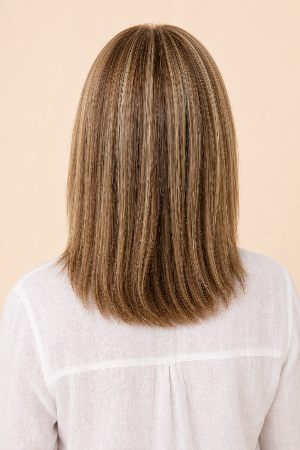 Hair Labs highlighted brown hair topper with bangs, back view
