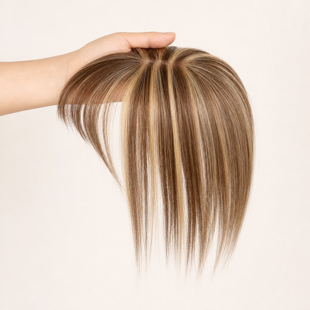 Hair Labs highlighted brown hair topper with bangs, the clip-in topper held in the hand, small base with bangs