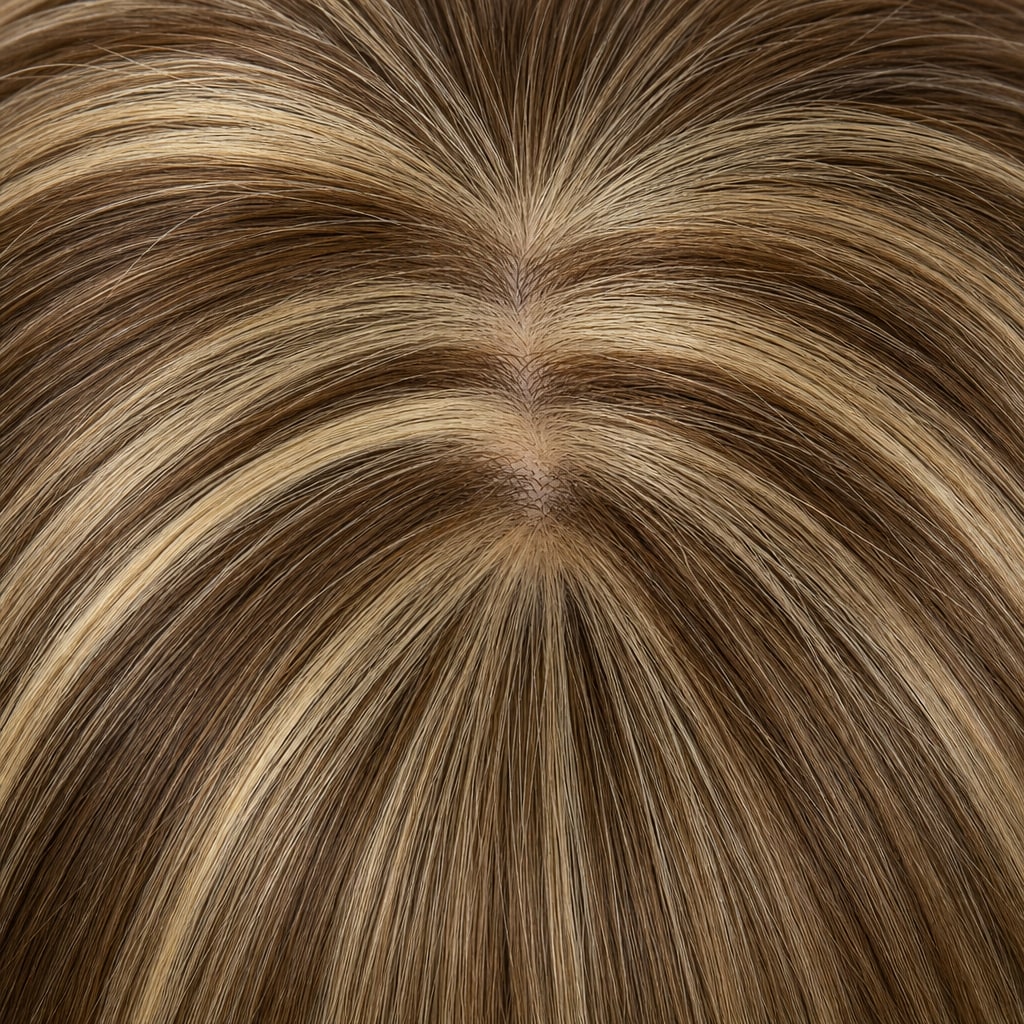 Hair Labs highlighted brown hair topper with bangs, parting and crown close-up